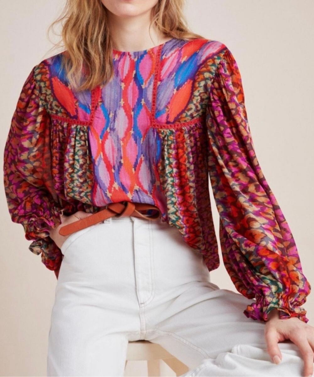 Anthropologie Blank London Miranda Peasant Blouse Size Small Boho Colorful